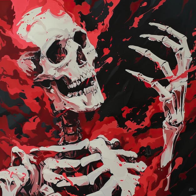 Een acryl schilderij toont een gestileerd skelet krijger geïnspireerd door JRPG esthetiek