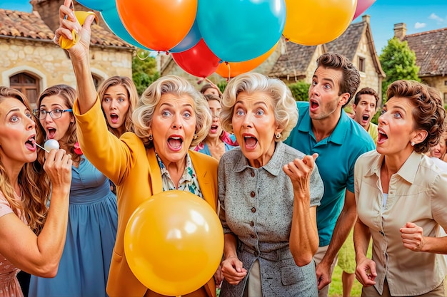 Een actieve, gelukkige oudere vrouw, omringd door vrienden, neemt deel aan een leuk spel met ballonnen