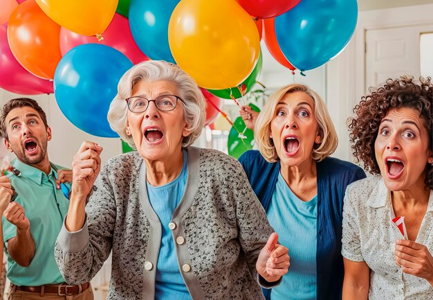 Een actieve, gelukkige oudere vrouw, omringd door vrienden, neemt deel aan een leuk spel met ballonnen