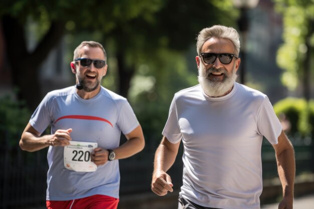 Foto een actieve levensstijl aannemen positieve gepensioneerden gaan joggen in het park om aan te tonen dat leeftijd geen belemmering is voor vitaliteit