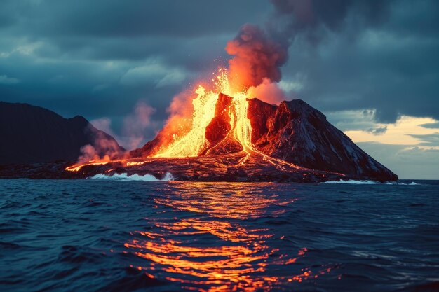 Foto een actieve vulkaan laat gesmolten lava vrij in de omringende oceaan vulkaan uitbarst op een geïsoleerd eiland