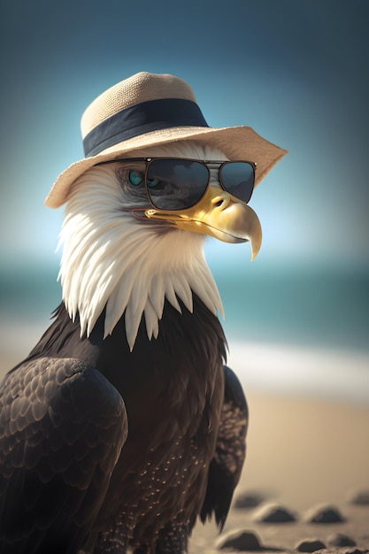 Een adelaar op het strand met een bril op