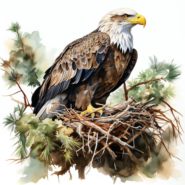 een adelaar staat in een nest met een dennenboom op de achtergrond.