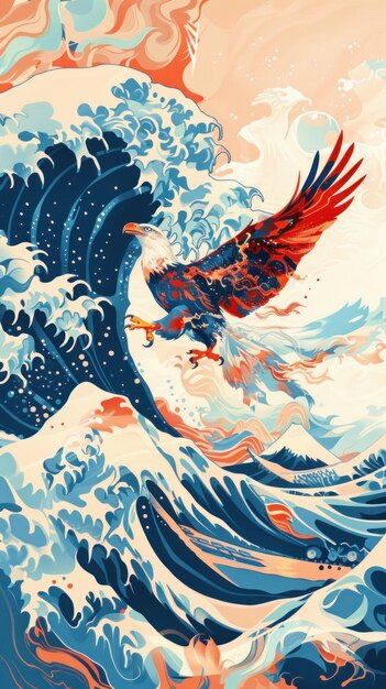 Een adelaar vliegt boven 3D-crypto-golven die vrijheid en risico belichamen in het nastreven van vakantie en zaken.