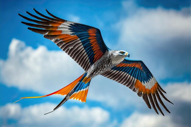 Een adelaarsvlieger die in de blauwe lucht tussen de wolken vliegt als concept voor het internationale festival van vliegers