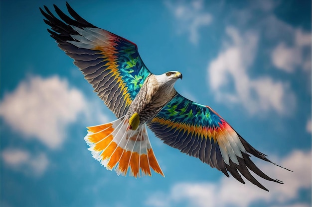 Een adelaarsvlieger die in de blauwe lucht tussen de wolken vliegt als concept voor het internationale festival van vliegers