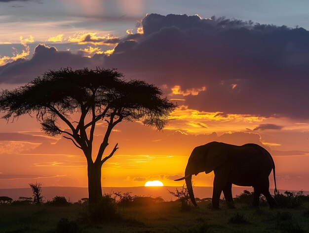 Een adembenemend beeld van een grote kudde olifanten die bij zonsondergang met een vibran door de savanne lopen