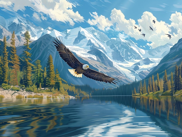 Foto een adembenemend beeld van een majestueuze kale adelaar die hoog boven een kristalhelder bergmeer zweeft met besneeuwde toppen die zich in het water reflecteren