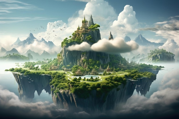 Een adembenemend beeld van een wonderbaarlijk fantasie-eiland dat in de lucht hangt te midden van een zee van golvende wolken een mystiek sprookjesachtig landschap met zwevende eilanden AI gegenereerd