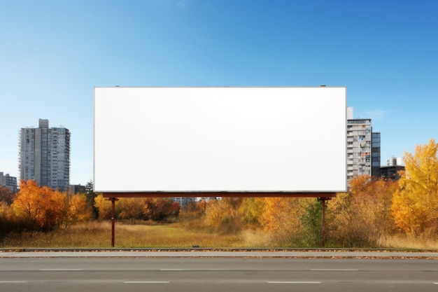 Een adembenemend herfststedelijk landschap Leeg billboard te midden van weelderig gebladerte en serene blauwe lucht