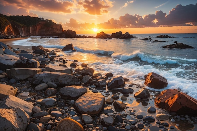 Een adembenemend landschap van een rotsachtig strand bij een prachtige zonsondergang