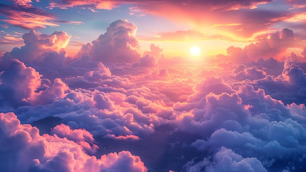 Foto een adembenemend luchtbeeld van een levendige zonsondergang boven pluizige wolken met warme roze en oranje tinten
