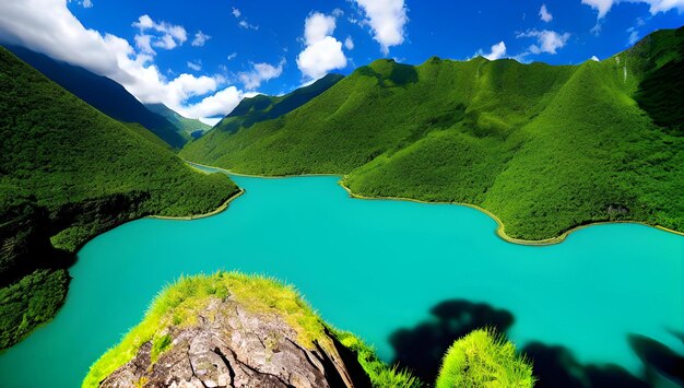 Foto een adembenemend luchtbeeld van een turquoise rivier die onder een heldere blauwe lucht door weelderige groene bergen slingert