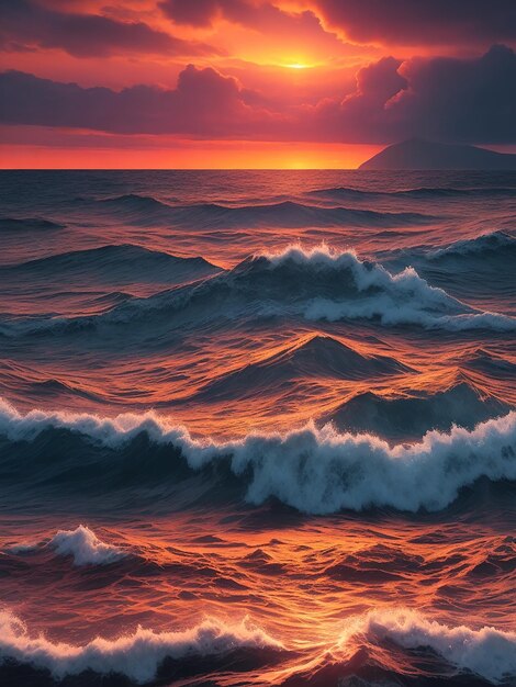 Een adembenemend mooie zonsondergang over een uitgestrekte oceaan verlicht door een mysterieuze bioluminescentie