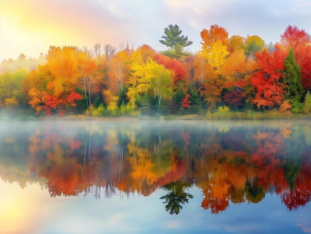 Foto een adembenemend panoramisch beeld van een herfstbos met een levendige mengeling van rode oranje en gele bladeren en een kronkelende rivier die door het toneel stroomt
