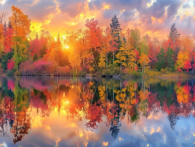 Een adembenemend panoramisch beeld van een herfstbos met een levendige mengeling van rode oranje en gele bladeren en een kronkelende rivier die door het toneel stroomt