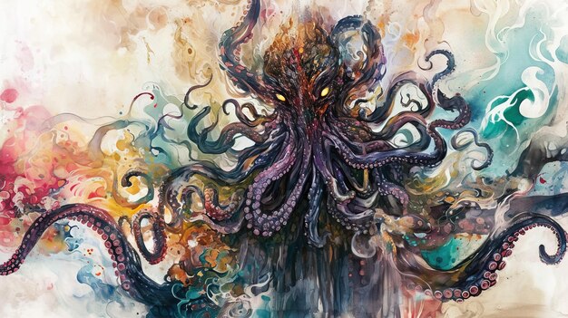 Een adembenemend sinistere aquarel schilderij van een octopus gemaakt met Generative AI