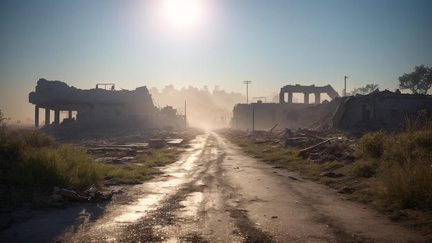 Een adembenemend uitzicht op een onverharde weg met een gebouw op de achtergrond AI Generative