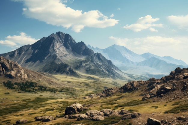 Een adembenemend uitzicht op een rustige bergketen met weelderig gras en ruige rotsen op de voorgrond Een ruige bergketen onder een heldere hemel