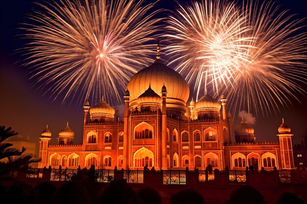 Foto een adembenemend vertoning van diwali vuurwerk verlicht de nachtelijke hemel boven het paleis