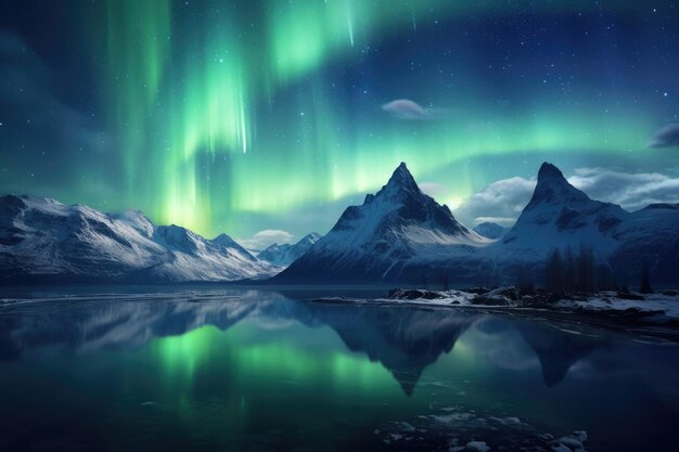 Een adembenemende foto die de schoonheid vasthoudt van een levendig groen en blauw aurora borealis die over een vreedzaam meer danst de etherische schoonheid van het noordelijk licht gegenereerd door AI