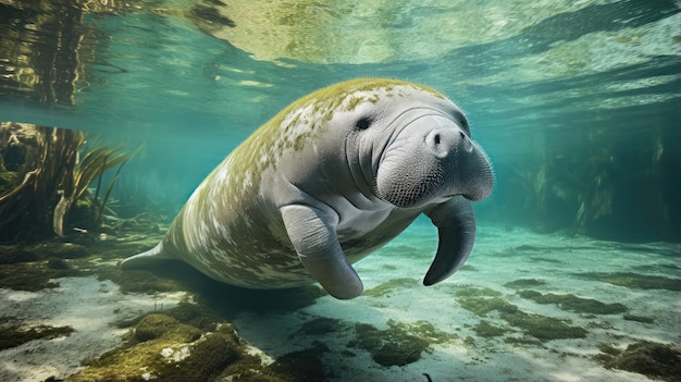 Een adembenemende opname van een lamantijn in zijn natuurlijke habitat, die zijn majestueuze schoonheid en kracht laat zien