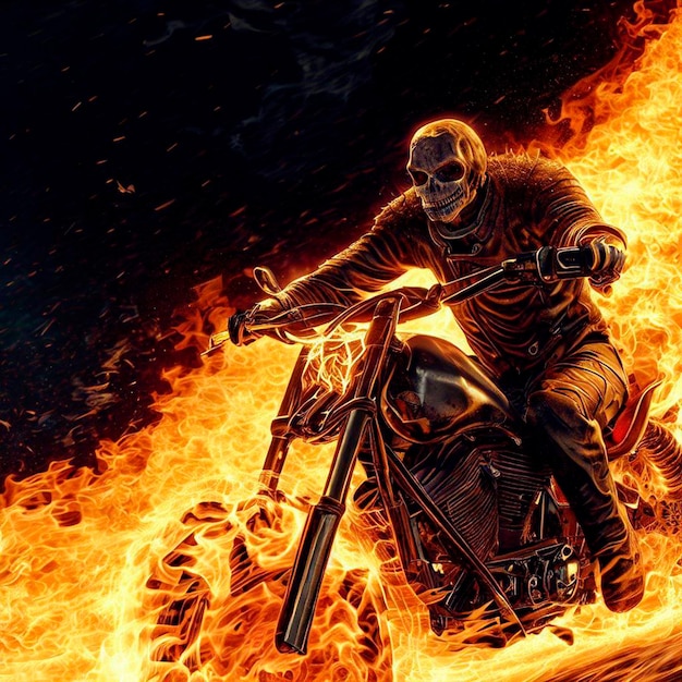 een adembenemende scène van Ghost Rider, de spectrale antiheld, schrijlings op een brandende motor