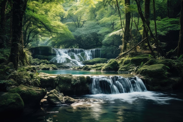 Een adembenemende waterval stroomt sierlijk in het hart van een groen bos en creëert een schilderachtige en serene oase Een rustige waterval die door een weelderig zomerbos stroomt