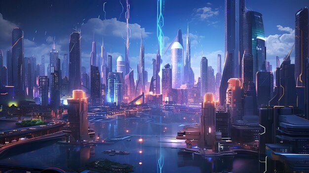 Een adembenemende weergave van een hightech cyberpunk stadsbeeld dat pulseert met neonverlichte energie Cyberpunk futuristische neontechnologie stedelijke digitale kunst skyline gegenereerd door AI