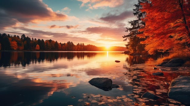 Een adembenemende zonsondergang boven een rustig meer omringd door levendig herfstgebladerte
