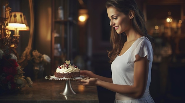 Een afbeelding die het mooie meisje benadrukt dat de taart voorzichtig op een standaard plaatst