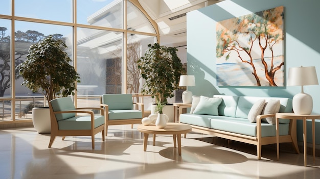 Een afbeelding met een uitnodigende en comfortabele wachtruimte met stijlvolle stoelen in rustgevende kleuren