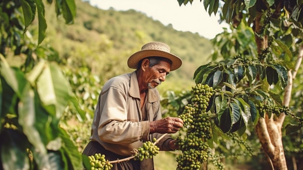 Een afbeelding toont blije boeren die Arabica-koffiebonen verzamelen van een koffieboom GENERATE AI