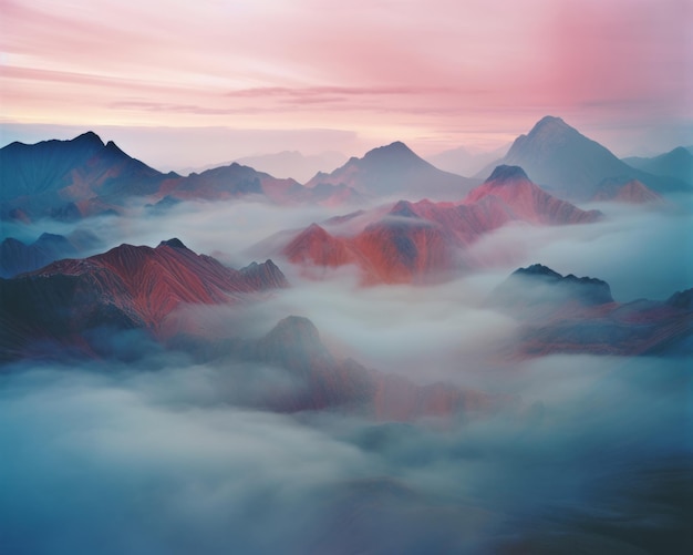 een afbeelding van bergen bedekt met mist en wolken