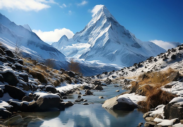 Een afbeelding van de Everest die oprijst achter een blauwe lucht