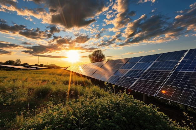 Een afbeelding van de zonsondergang achter een veld van zonnespiegels