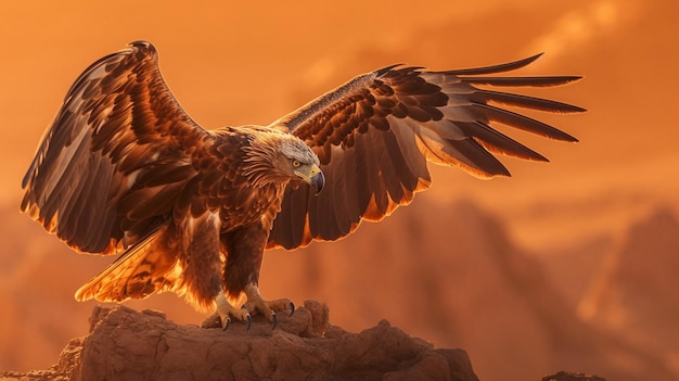 Een afbeelding van een adelaar met een wit hoofd op een rots in een bergachtig gebied gegenereerd ai