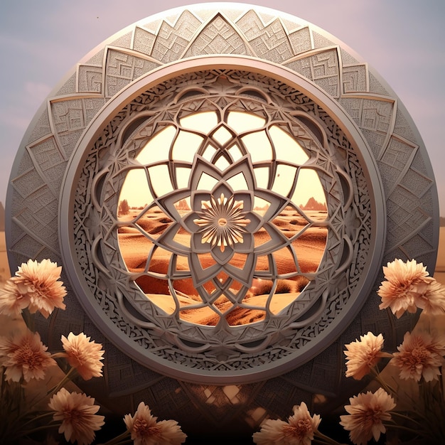 Een afbeelding van een bloemenveld met een grote cirkel met een ontwerp erop.