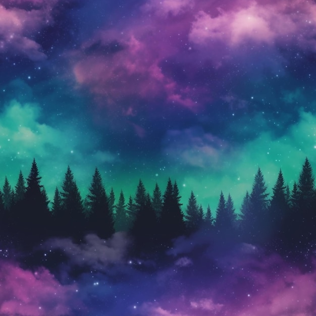 Een afbeelding van een bos met een hemelachtergrond en sterren generatieve ai