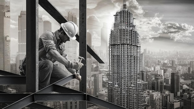 een afbeelding van een bouwvakker op een gebouw met een foto van een gebouw op de achtergrond