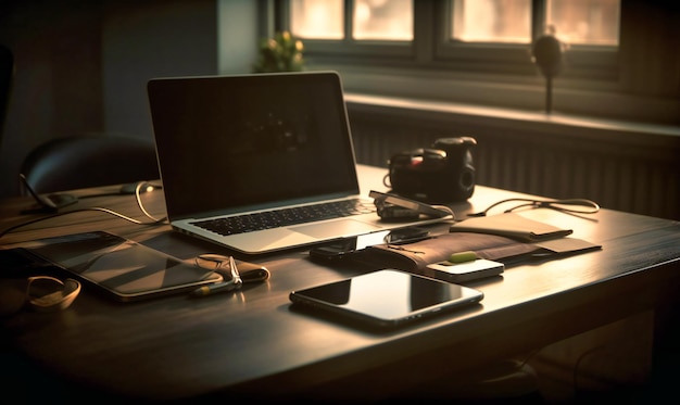 Een afbeelding van een bureau met daarin een laptop en een telefoon