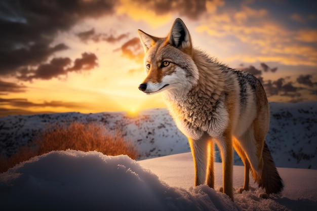 Een afbeelding van een coyote die bij zonsondergang in de sneeuw staat Generatieve AI