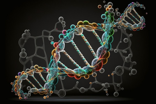 Een afbeelding van een DNA-streng met een zwarte achtergrond.