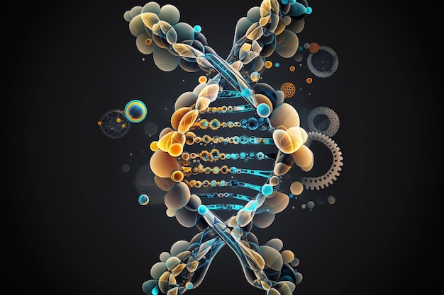 Een afbeelding van een dna-structuur met een tandrad en tandwielen op een zwarte achtergrond.