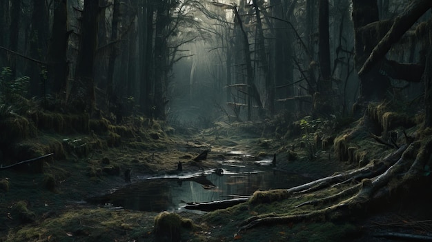 een afbeelding van een donker bos waar een beek doorheen stroomt