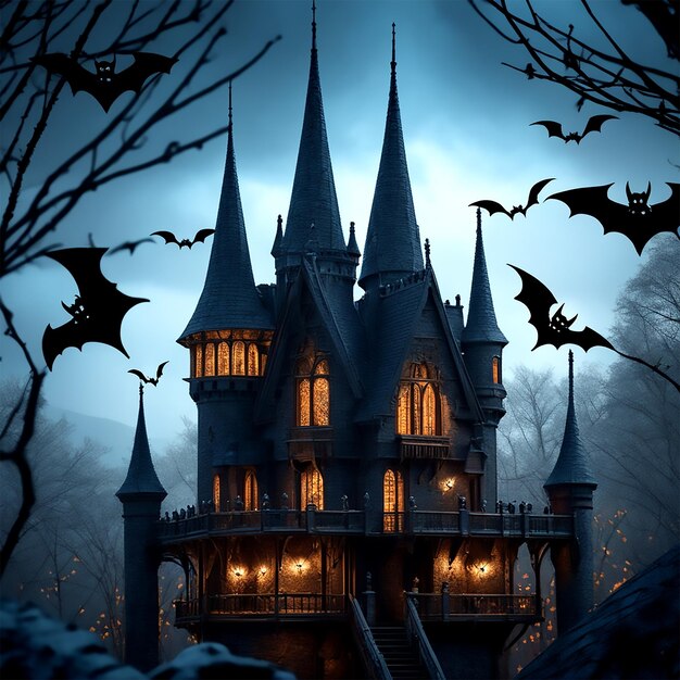 Een afbeelding van een donker en mysterieus kasteel met vleermuizen die eromheen vliegen in een Amerikaanse gotische stijl Hd