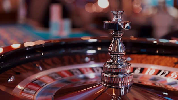 Een afbeelding van een draaiend roulettewiel in een casino Het wiel is van hout en heeft rode en zwarte cijfers