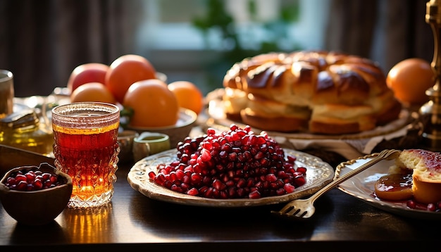 Een afbeelding van een feestelijke Rosh Hashanah-tafel met traditionele gerechten die zoetheid en abudan vertegenwoordigen