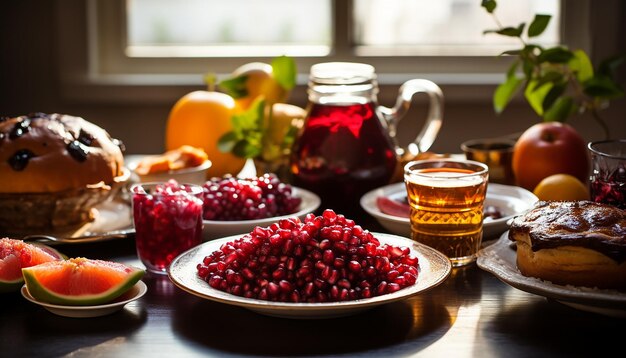 Een afbeelding van een feestelijke Rosh Hashanah-tafel met traditionele gerechten die zoetheid en abudan vertegenwoordigen