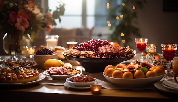 Een afbeelding van een feestelijke Rosh Hashanah-tafel met traditionele gerechten die zoetheid en abudan vertegenwoordigen